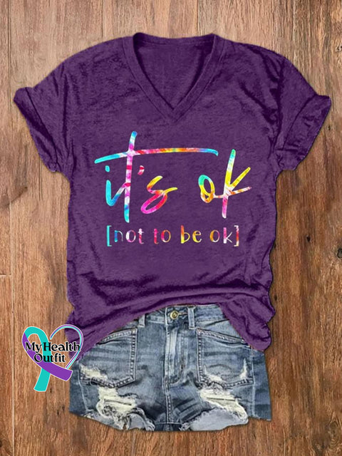 Women’s Its Ok To Not Be Okay Mental Health Awareness Print V-Neck T-Shirt Purple / S