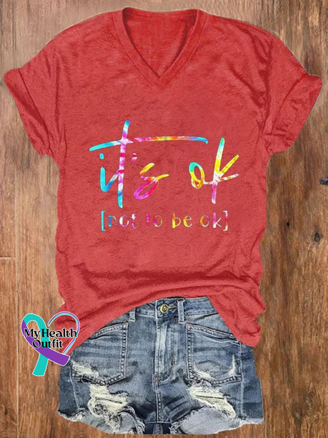 Women’s Its Ok To Not Be Okay Mental Health Awareness Print V-Neck T-Shirt Red / S