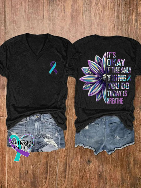 Women’s It’s Okay If The Only Thing You Do Today Is Breathe Sunflower Print T-Shirt Black / S