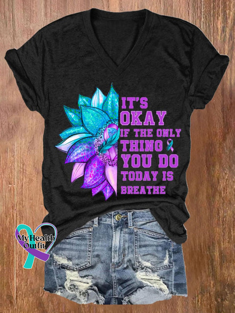 Women’s It’s Okay If The Only Thing You Do Today Is Breathe Sunflower Print T-Shirt Black / S