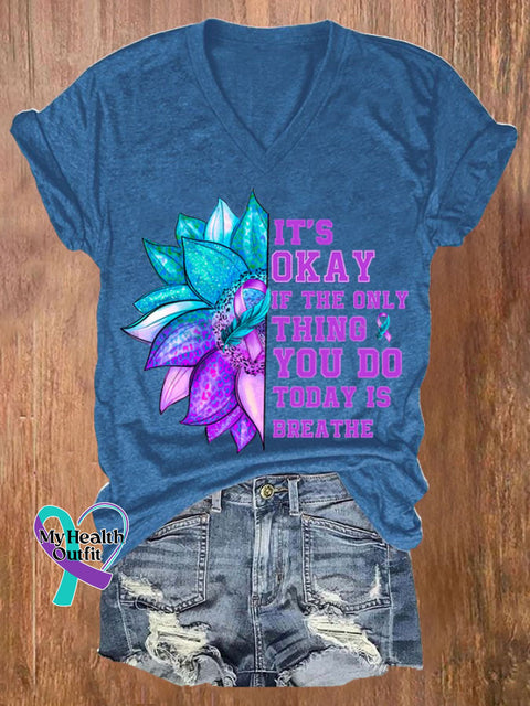 Women’s It’s Okay If The Only Thing You Do Today Is Breathe Sunflower Print T-Shirt Blue / S