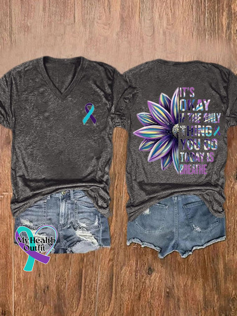 Women’s It’s Okay If The Only Thing You Do Today Is Breathe Sunflower Print T-Shirt Dark Grey / S