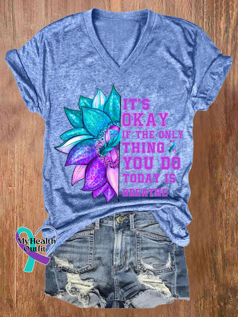 Women’s It’s Okay If The Only Thing You Do Today Is Breathe Sunflower Print T-Shirt Light Blue / S