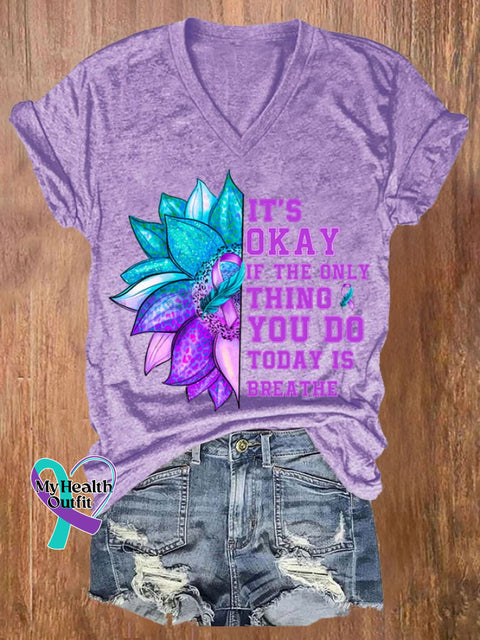 Women’s It’s Okay If The Only Thing You Do Today Is Breathe Sunflower Print T-Shirt Purple / S
