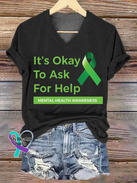 Women’s It’s Okay To Ask For Help Mental Health Awareness V-neck Casual T-Shirt Black / S