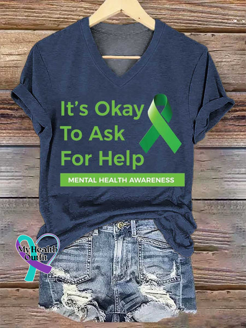 Women’s It’s Okay To Ask For Help Mental Health Awareness V-neck Casual T-Shirt Blue / S