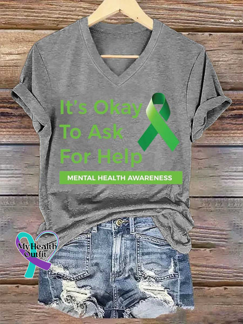 Women’s It’s Okay To Ask For Help Mental Health Awareness V-neck Casual T-Shirt Grey / S