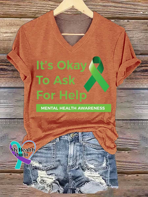 Women’s It’s Okay To Ask For Help Mental Health Awareness V-neck Casual T-Shirt Orange / S