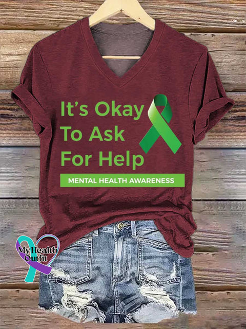 Women’s It’s Okay To Ask For Help Mental Health Awareness V-neck Casual T-Shirt Red / S