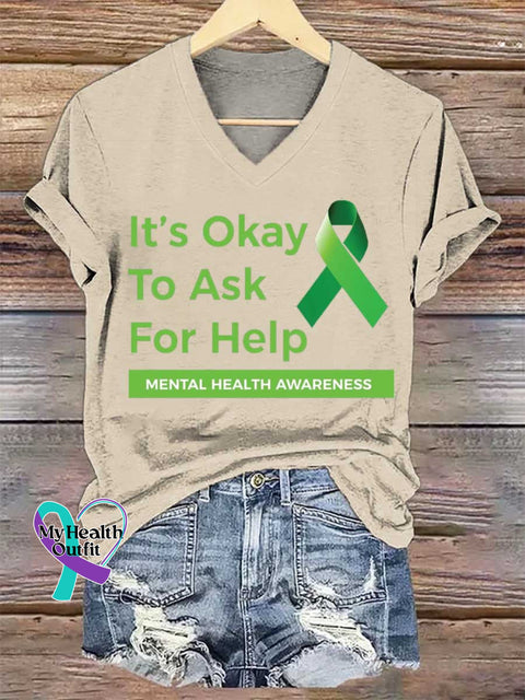 Women’s It’s Okay To Ask For Help Mental Health Awareness V-neck Casual T-Shirt Sand / S