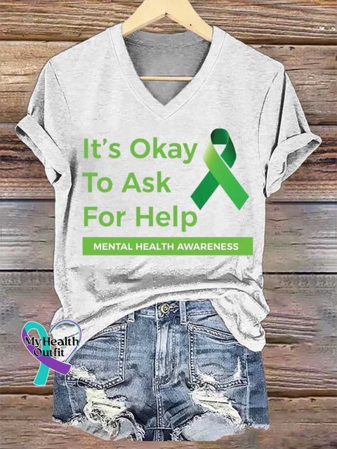 Women’s It’s Okay To Ask For Help Mental Health Awareness V-neck Casual T-Shirt White / S