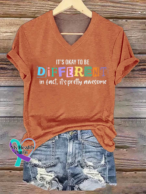 Women’s IT’S OKAY TO BE DIFFERENT In Fact It’s Pretty Awesome V-neck Casual T-Shirt Orange / S