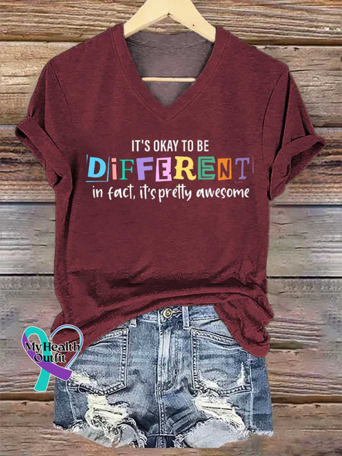 Women’s IT’S OKAY TO BE DIFFERENT In Fact It’s Pretty Awesome V-neck Casual T-Shirt Red / S
