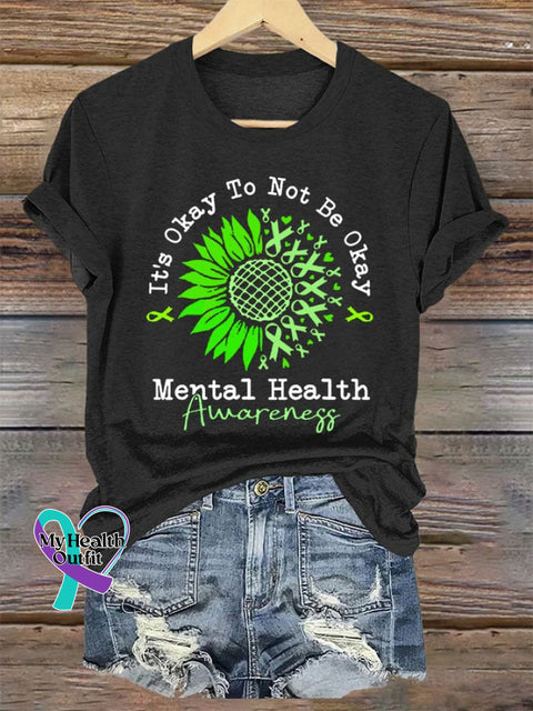 Women’s It‘s Okay To Not Be Mental Health Awareness Green Ribbon Print Crew Neck T-Shirt Black / S