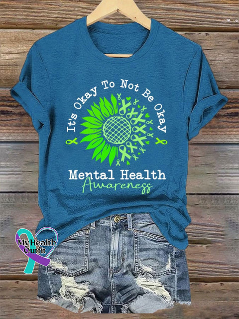 Women’s It‘s Okay To Not Be Mental Health Awareness Green Ribbon Print Crew Neck T-Shirt Blue / S