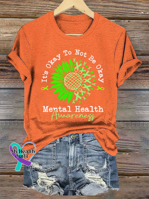 Women’s It‘s Okay To Not Be Mental Health Awareness Green Ribbon Print Crew Neck T-Shirt Orange / S