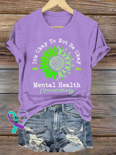 Women’s It‘s Okay To Not Be Mental Health Awareness Green Ribbon Print Crew Neck T-Shirt Purple / S