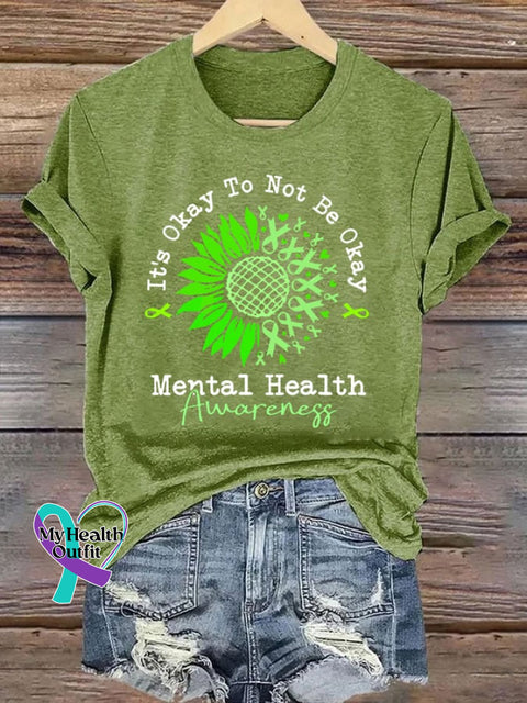 Women’s It‘s Okay To Not Be Mental Health Awareness Green Ribbon Print Crew Neck T-Shirt / S