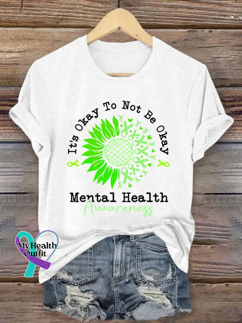 Women’s It‘s Okay To Not Be Mental Health Awareness Green Ribbon Print Crew Neck T-Shirt White / S