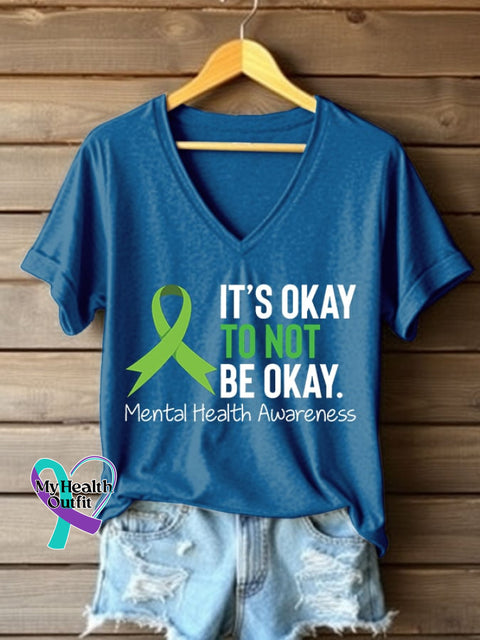 Women’s It’s Okay To Not Be Okay Printed V Neck T-shirt Blue / S