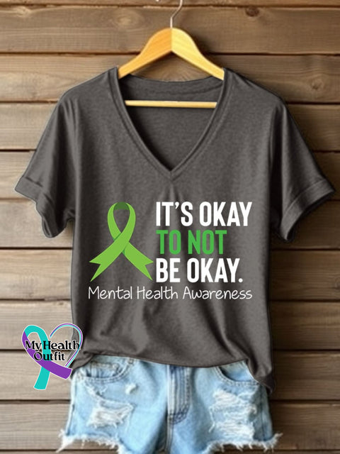 Women’s It’s Okay To Not Be Okay Printed V Neck T-shirt Dark Grey / S