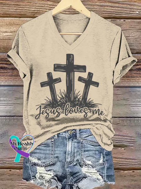 Women’s Jesus Art Art V-neck Casual T-Shirt Apricot / S