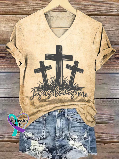 Women’s Jesus Art Art V-neck Casual T-Shirt Khaki / S