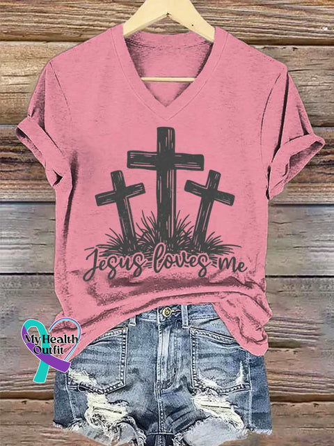 Women’s Jesus Art Art V-neck Casual T-Shirt Pink / S
