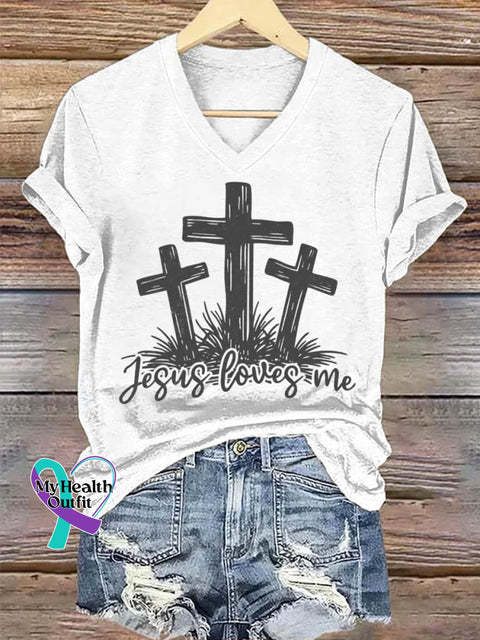 Women’s Jesus Art Art V-neck Casual T-Shirt White / S