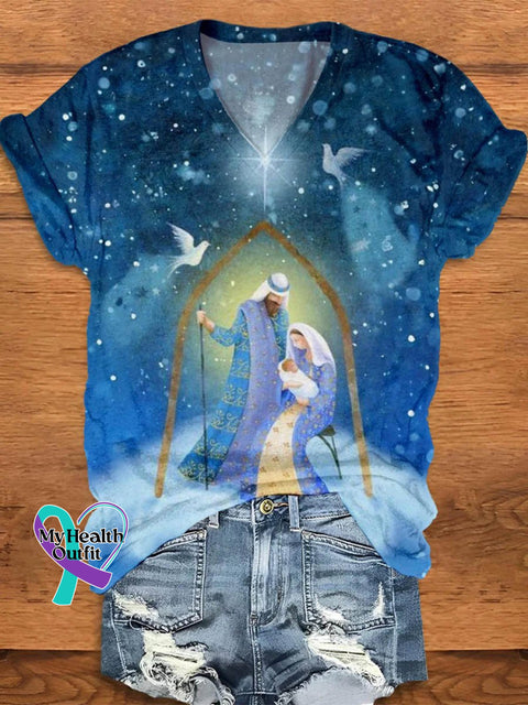 Women’s Jesus Cross Art Print V-Neck Casual T-Shirt Multicolor / S