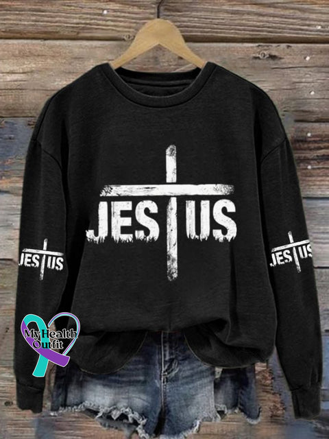 Women’s Jesus Cross Print Casual Sweatshirt Black / S