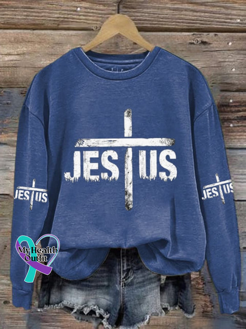 Women’s Jesus Cross Print Casual Sweatshirt Blue / S
