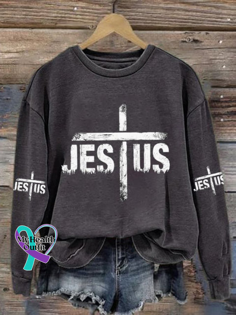Women’s Jesus Cross Print Casual Sweatshirt Dark Grey / S