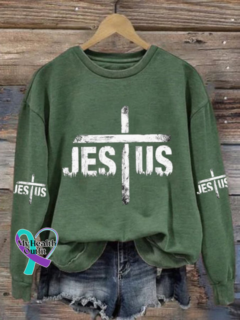 Women’s Jesus Cross Print Casual Sweatshirt Green / S