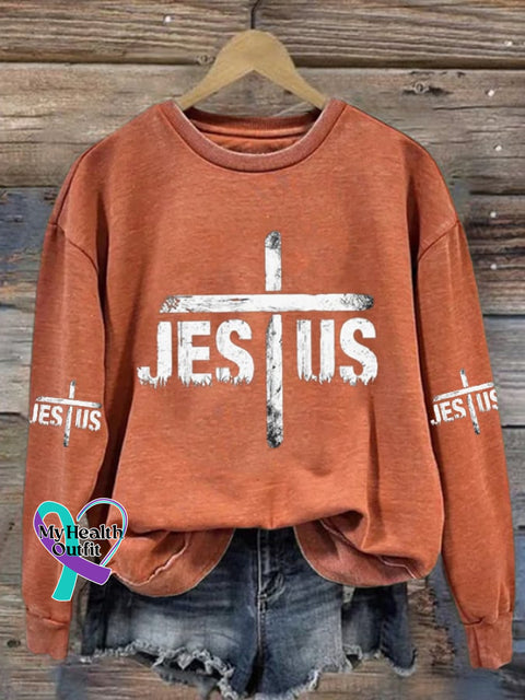 Women’s Jesus Cross Print Casual Sweatshirt Orange / S