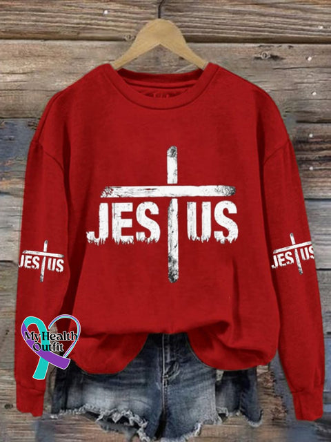 Women’s Jesus Cross Print Casual Sweatshirt Red / S