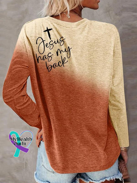 Women’s Jesus Has My Back Cross Art Print Casual Long Sleeve Sweatshirt