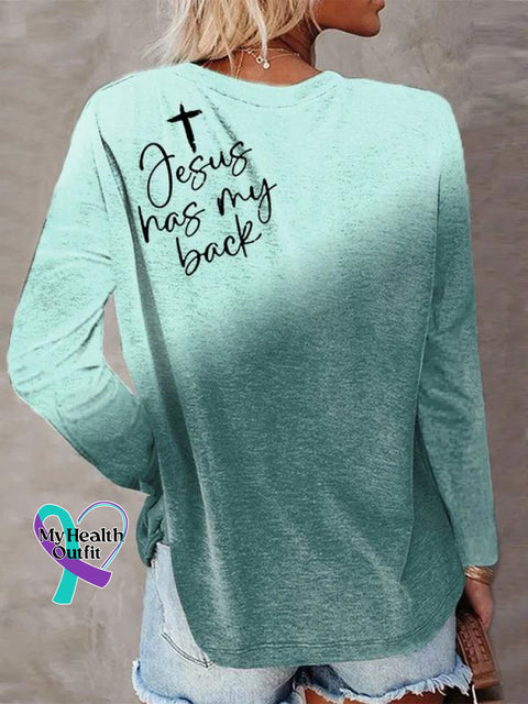 Women’s Jesus Has My Back Cross Art Print Casual Long Sleeve Sweatshirt