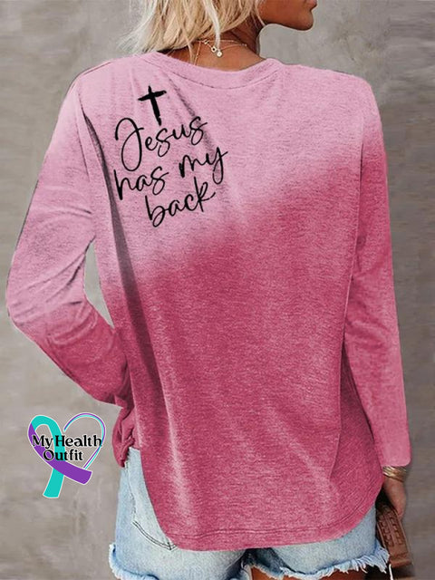 Women’s Jesus Has My Back Cross Art Print Casual Long Sleeve Sweatshirt