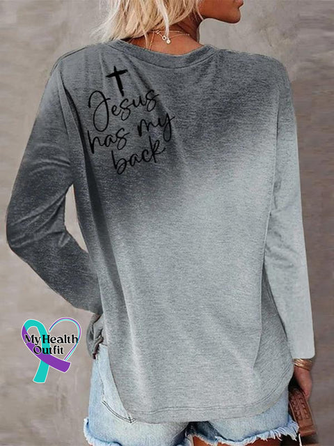 Women’s Jesus Has My Back Cross Art Print Casual Long Sleeve Sweatshirt