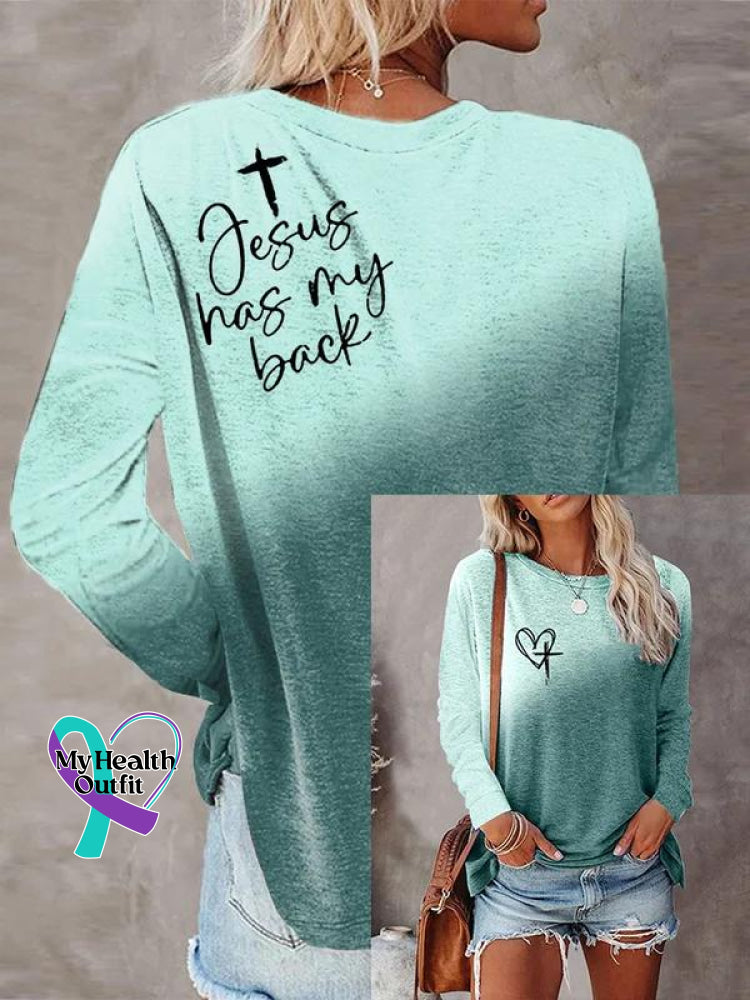 Women’s Jesus Has My Back Cross Art Print Casual Long Sleeve Sweatshirt Blue / S