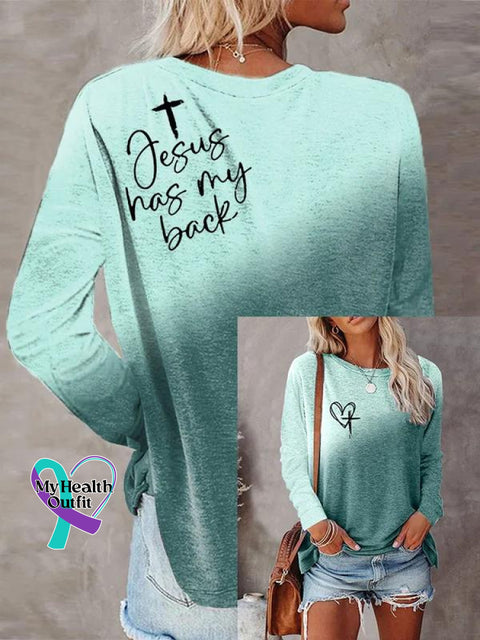 Women’s Jesus Has My Back Cross Art Print Casual Long Sleeve Sweatshirt Blue / S