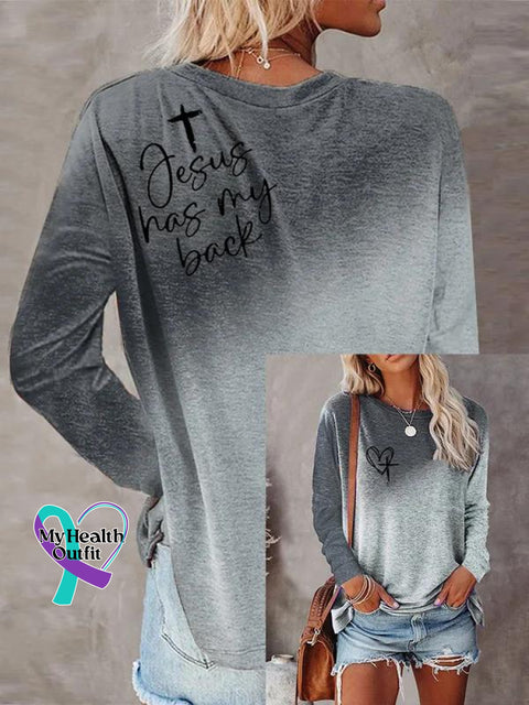 Women’s Jesus Has My Back Cross Art Print Casual Long Sleeve Sweatshirt Grey / S