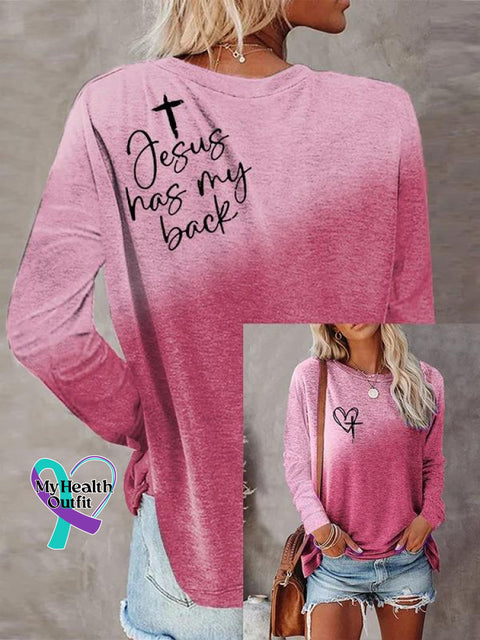 Women’s Jesus Has My Back Cross Art Print Casual Long Sleeve Sweatshirt Pink / S