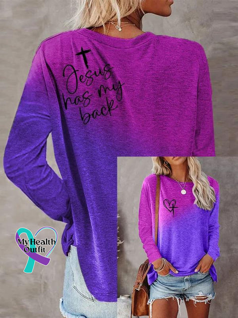 Women’s Jesus Has My Back Cross Art Print Casual Long Sleeve Sweatshirt Purple / S