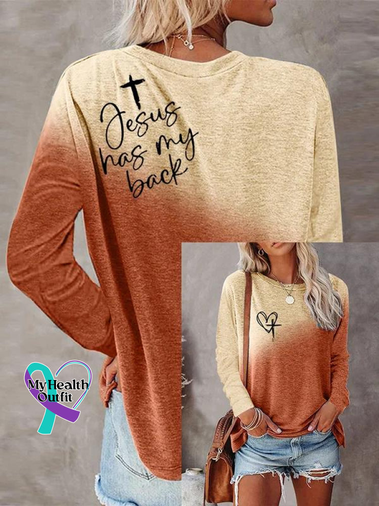 Women’s Jesus Has My Back Cross Art Print Casual Long Sleeve Sweatshirt Sand / S
