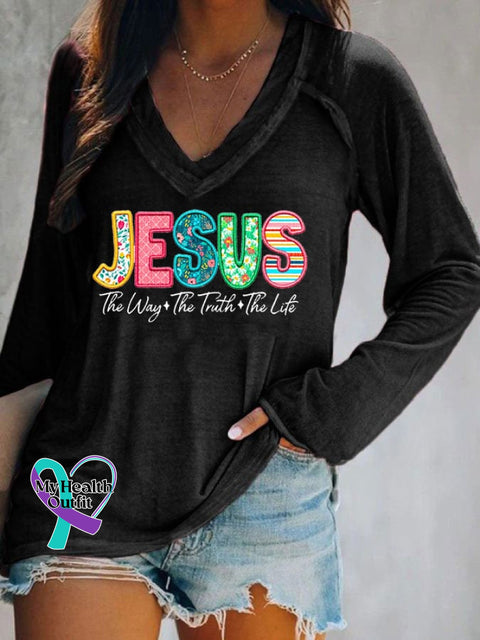 Women’s Jesus The Way Truth Life Print Casual Long Sleeve T-Shirt Black / S