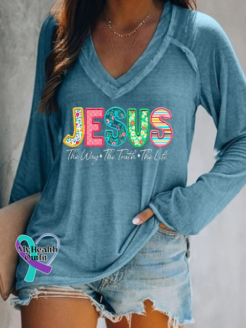 Women’s Jesus The Way Truth Life Print Casual Long Sleeve T-Shirt Blue / S