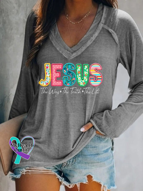 Women’s Jesus The Way Truth Life Print Casual Long Sleeve T-Shirt Grey / S