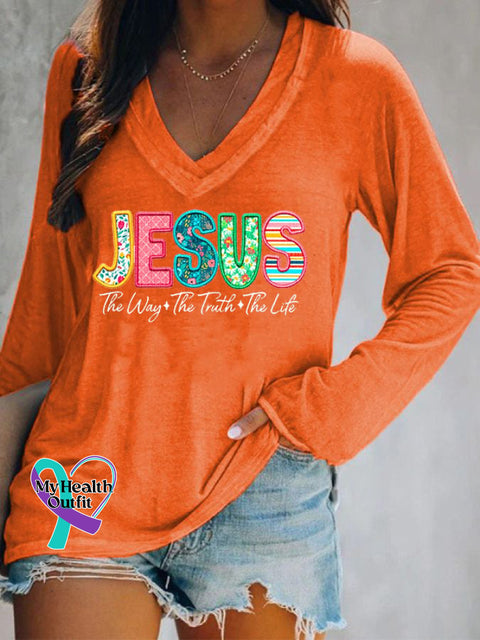 Women’s Jesus The Way Truth Life Print Casual Long Sleeve T-Shirt Orange / S